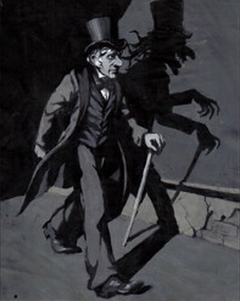 Dr.Jekyll walking down a street at night his shawdow is Mr. Hyde
