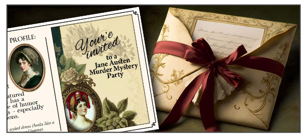 an example of the Austen Murder Mystery Invitation and the corresponding envelope