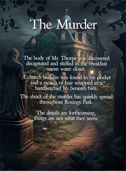 A Jane Austen themed image of the explanation of the murder with characters from Jane Austen Novels